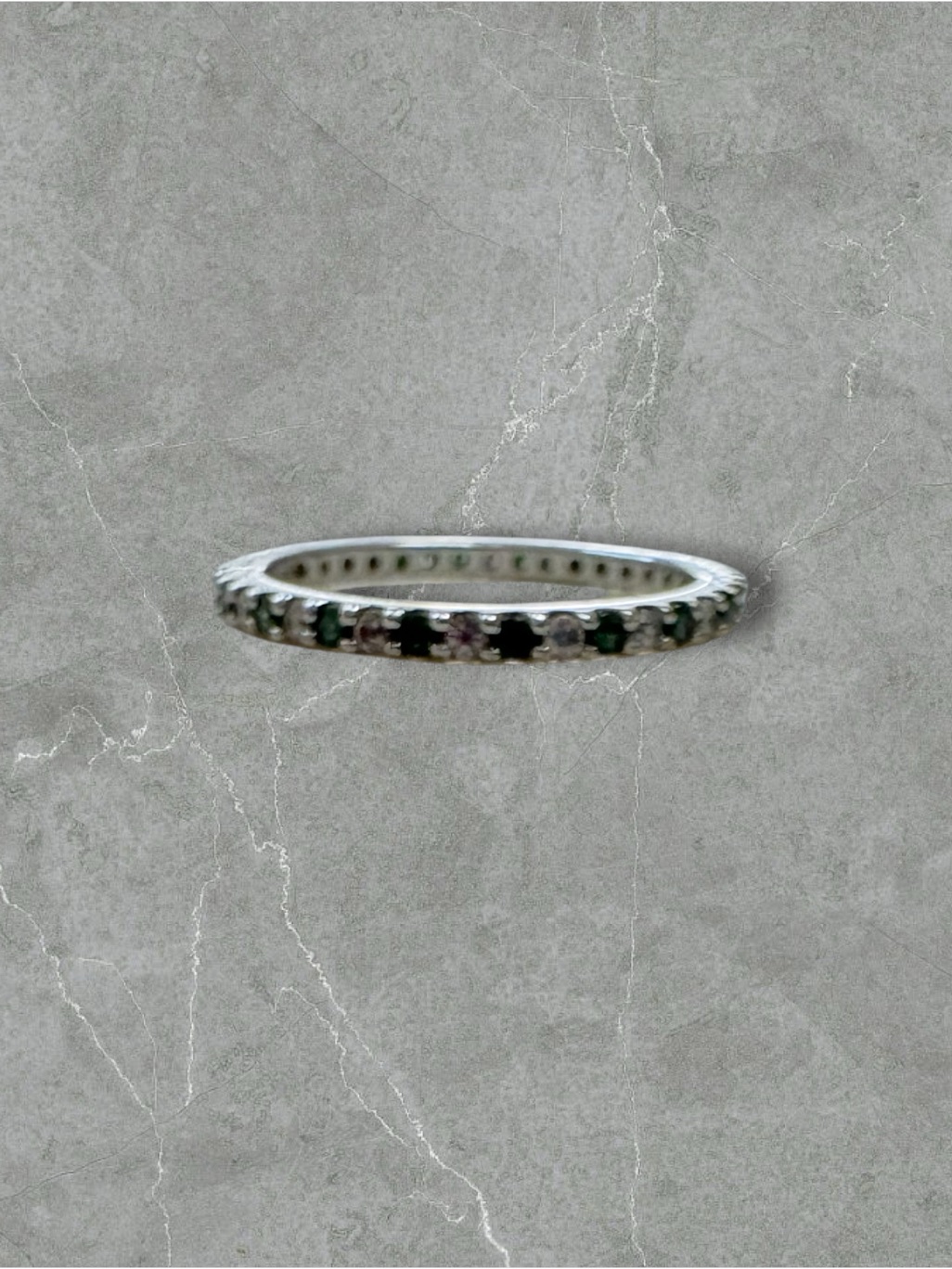 Platinum Over 925 Silver Green & Clear Cz Eternity Band Ring - Size 8
